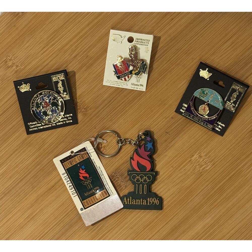 Vintage 4 Authentic World Atlanta 1996 Olympics Pins Torch Eagle Keychain NOS